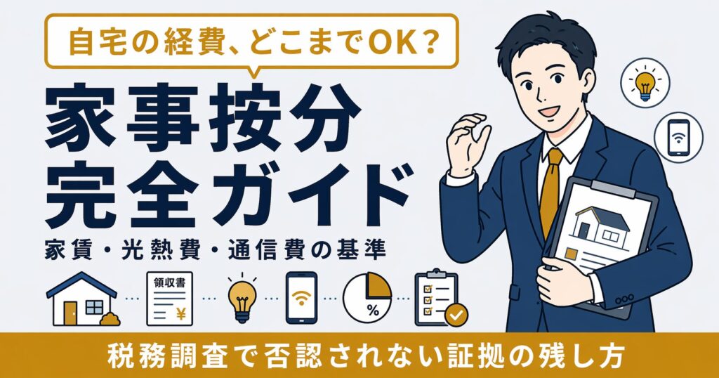 自宅兼事務所の家賃・光熱費・通信費・車両費の家事按分基準と税務調査対策を解説するアイキャッチ