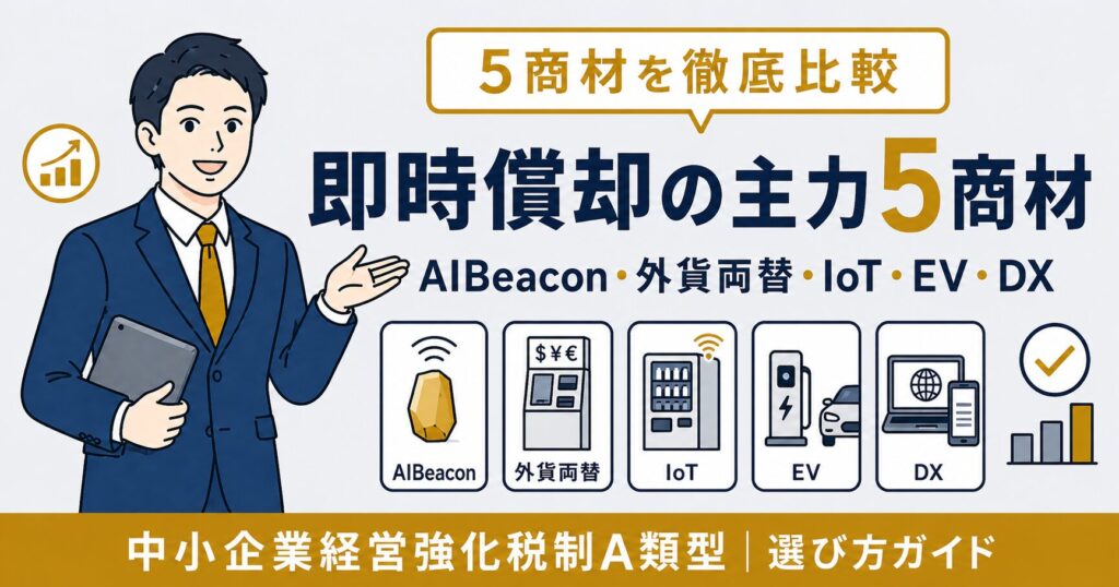 法人が即時償却＋全額損金で節税する主力5商材を徹底比較｜AIBeacon・外貨両替機・IoT自販機・EV充電・DXポータルの選び方【2026年度版】