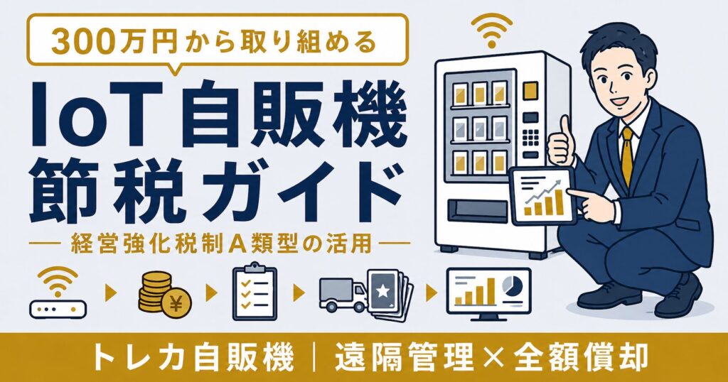 IoT自販機（トレカ自販機）の節税ガイドアイキャッチ画像。300万円から取り組める経営強化税制A類型を解説
