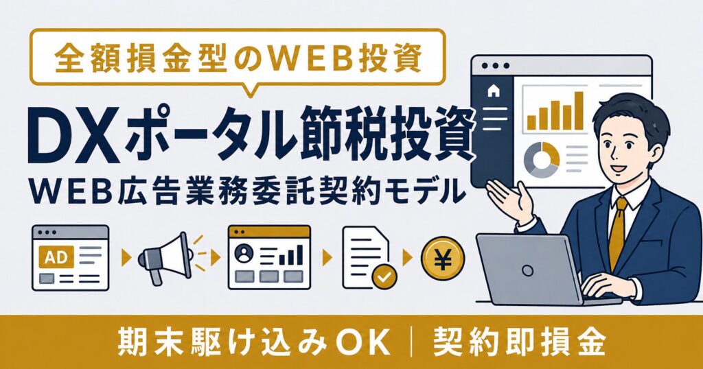 DXポータルサイトオーナー節税投資アイキャッチ画像。全額損金型のWEB広告業務委託契約モデルを解説