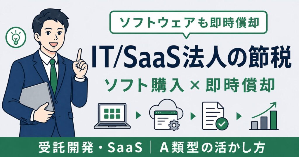 IT企業・SaaS法人の節税対策アイキャッチ画像。ソフトウェア購入×即時償却の使い方を解説