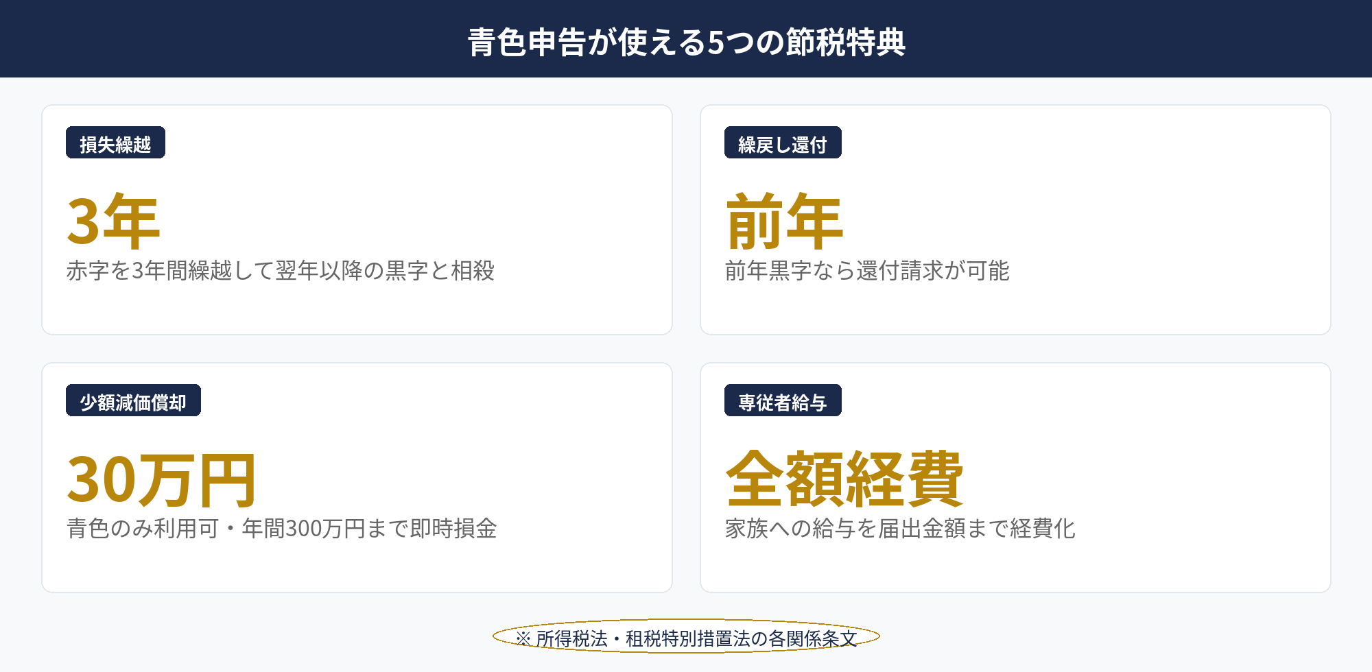青色申告の5大節税特典一覧図。損失繰越・繰戻し還付・少額減価償却・専従者給与・貸倒引当金