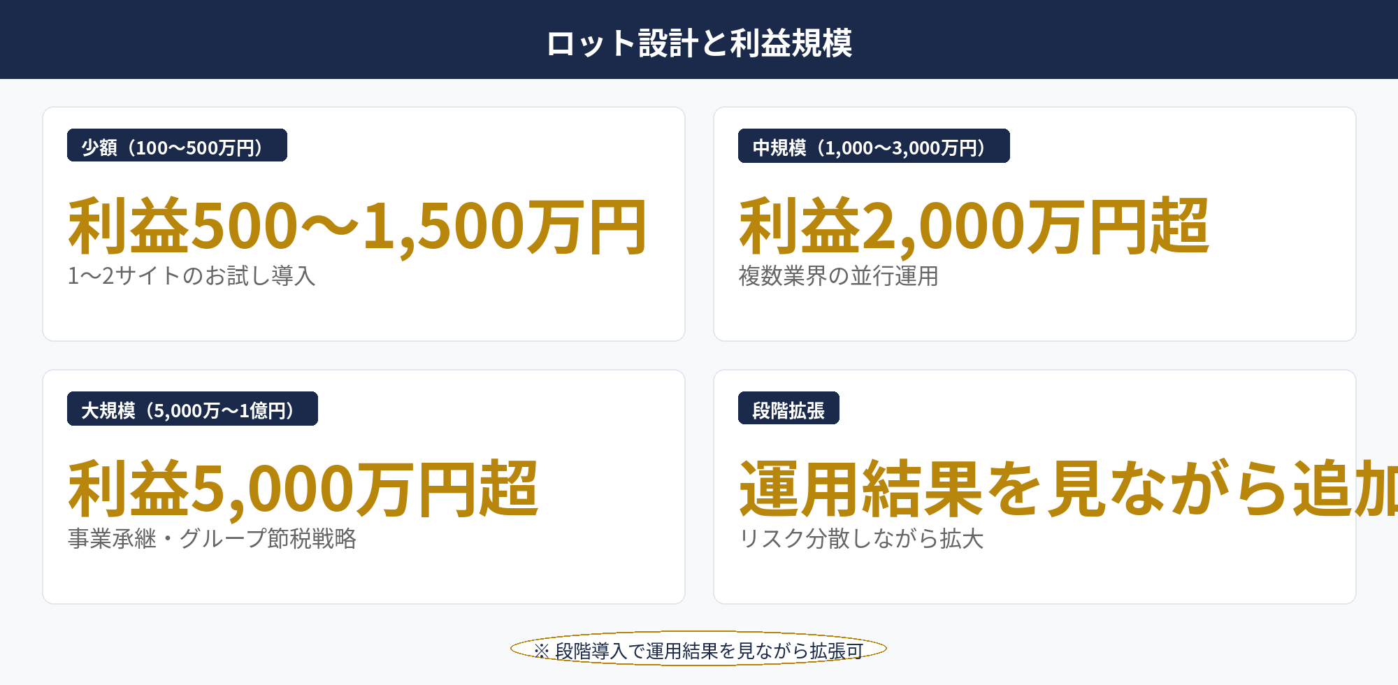 DXポータルサイトの節税：100万〜1億円の幅広いロット規模と利益規模別の選定指針の解説図