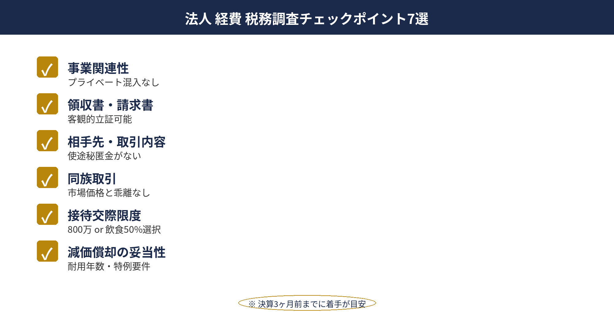 法人 経費 税務調査チェックポイント7選：法人 経費の税務調査で確認される7つのチェックポイント図