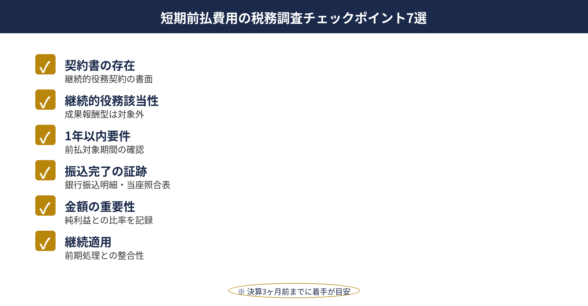 短期前払費用の税務調査チェックポイント7選：短期前払費用 法人の税務調査で確認される7つのチェックポイント図